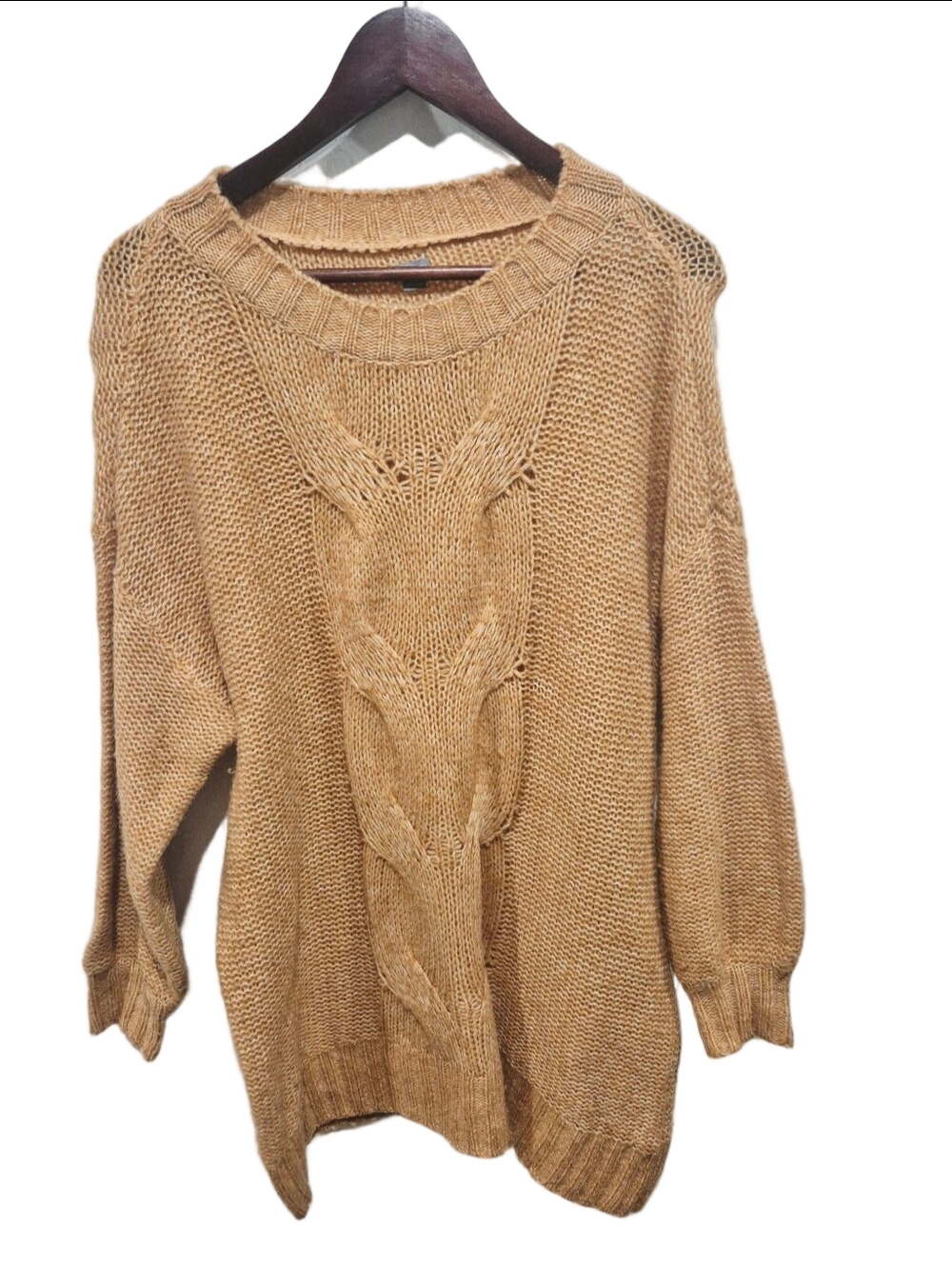 Aerie Wool Blend Cable Knit Oversized Tunic Sweater Tan Camel Slouchy Size Small